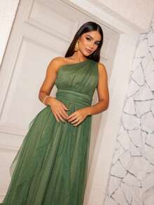 One-Shoulder Layered Bridesmaid Prom Dress - Olive Green With Shine - View 2
