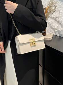 1 Stück Damen Mode minimalistischer quadratischer PU Umhängetasche, vielseitige kleine Messenger Tasche, Kettengurt - Weiss - Übersicht 5