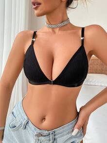 Triangle Cup Underwired Comfort Gathered Sexy Bra - Black - View 4