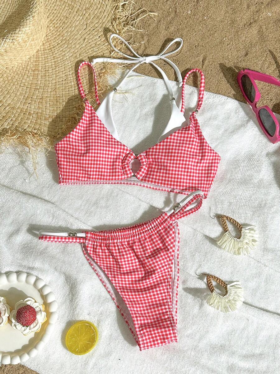 Summer Fashionable Red Plaid Print Contrast Color Adjustable Straps Bikini Top, Double Track Bikini Bottom, Women Elegant Casual Swimsuit Set, Suitable For Beach Holiday