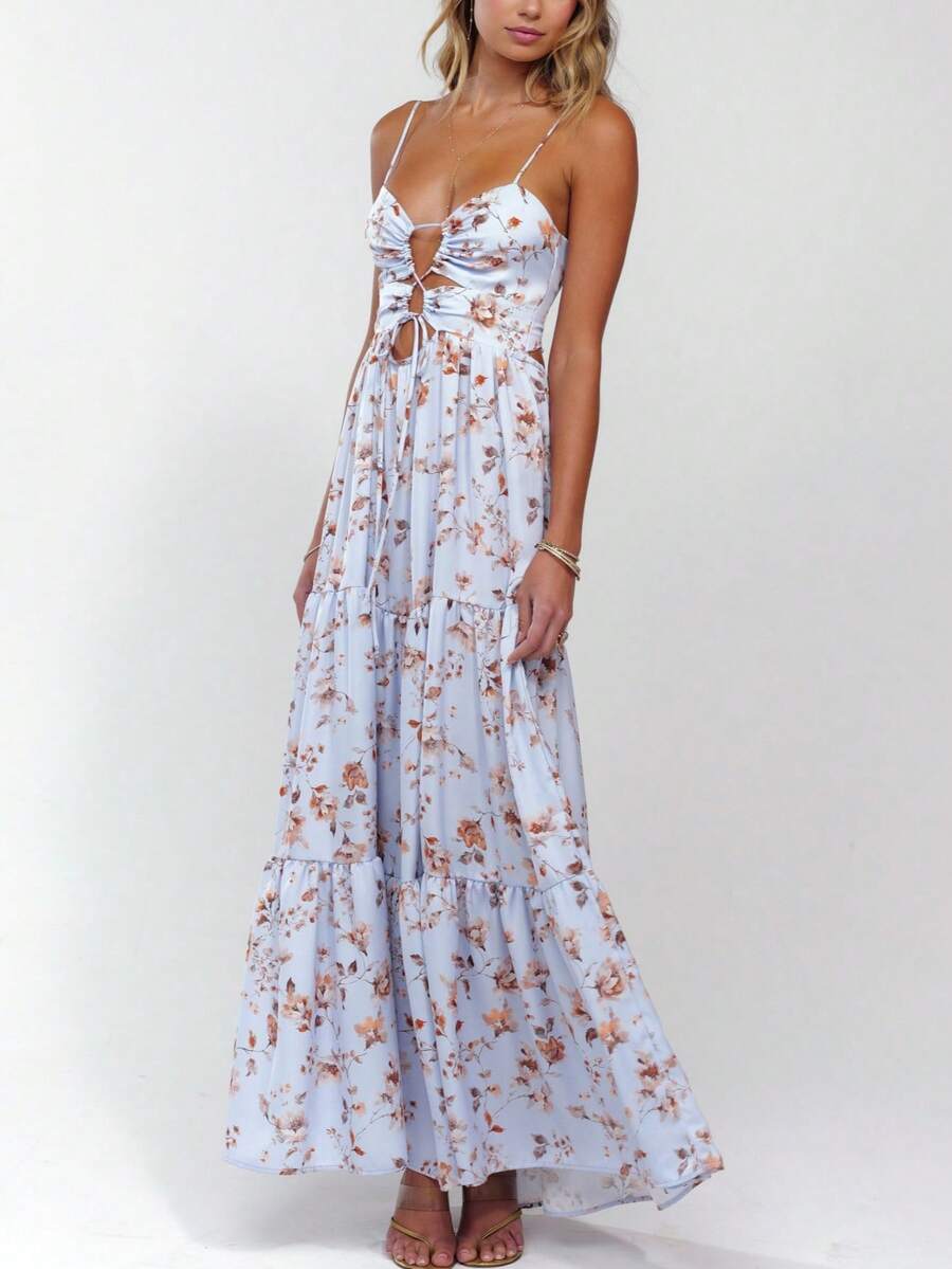 Women Summer Casual Long Dress Y2k Spaghetti Strap Bodycon Low Cut Dress V-Neck Sleeveless Solid Color Tie-Up High Backless Sexy Fashion Party Sling Maxi Dress - hoa màu xanh - Xem 1