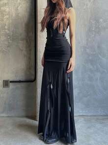 Gothic Style Hooded Fitted Mesh Patchwork Sheer Bodycon Dress - Black - View 1