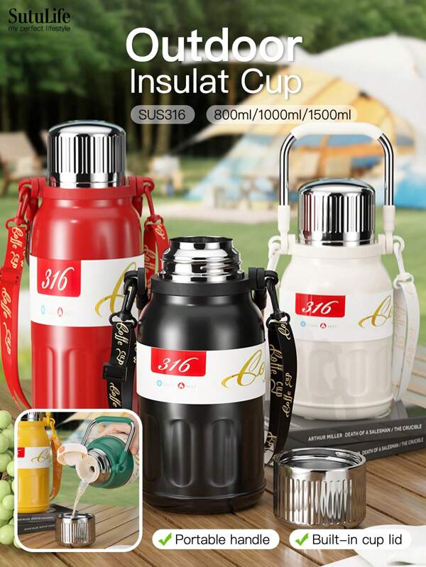 Botella de agua aislada al vacío de acero inoxidable 316, capacidad de 800ml/1000ml/1500ml, unisex, para exteriores, viajes, automóvil, portátil y de vuelta al colegio