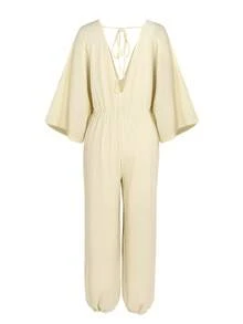 Solid Color V-Neck Loose Waist Simple Spring And Summer Drawstring Jumpsuit