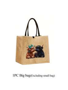 Adorable Highland Cow Printed Tote Bag, Large Capacity Tote Bag,Tote Bag And Makeup Pouch Set,Lightweight Large Capacity Tote Bag, Reusable Burlap Shopping Bag, Portable Travel Beach Bag With Makeup Bag, Travel Handbag For Holiday Vacation Weekend Getaway Short Trip,Personalized Birthday Gifts Present For Friend Her,Teacher's Day, Nurse's Day, Birthday, Anniversary, Best Gift For Mother's Day, Cute Highland Cow Bag For Women