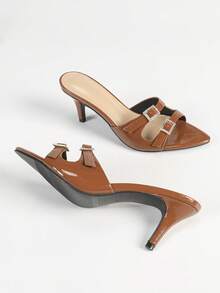 女士水钻扣棕色尖头一脚蹬凉鞋，时尚新款高跟鞋优雅性感派对装 - 棕色 - 查看 5