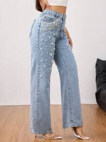 优雅珍珠装饰水洗直筒牛仔裤 - 奢华时尚女式牛仔裤 - 春季时尚服饰 - 淺色水洗藍 - 查看 4