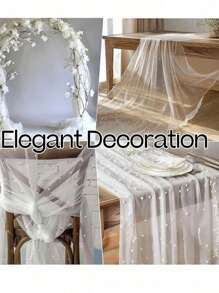 1pc Pearl Mesh Table Runner,Pearl Table Runner: Wedding Veil, Dessert Table Cover, Bohemian Style, Sheer Chiffon, Pearl Lace, Party Decoration Tablecloth ,Pearl Table Runner, Wedding Arch Decor Table Wire, Bridal Shower Decoration Fabric, Romantic Pearl Lace Tablecloth For Event Embroidery, Clear Wrinkle-Proof White Dessert Tablecloth, Chiffon Tulle White