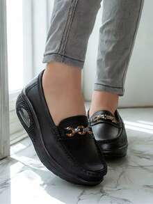 女士黑色水钻链条装饰厚底乐福鞋，优雅手工真皮鞋，户外金属扣套脚鞋，厚底休闲鞋 - 黑色 - 查看 10