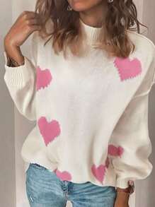 Oversized Autumn And Winter Fashion Casual Valentine's Day Pink Love Random Jacquard Drop Shoulder Loose Long Sleeve Sweater Pullover,Long Sleeve Tops