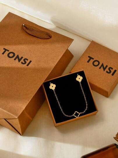 TONSI 1 件优雅简约不锈钢四叶草和梅花互锁吊坠项链礼盒，适合女性日常佩戴，送给妈妈、妻子、母亲节和其他节日/生日的礼物