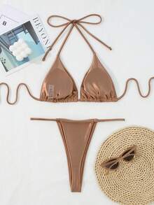 New Metallic Halter Triangle Tie Side Bikini Set - Brown - View 4