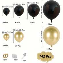 142 Peças Kit de Guirlanda de Balões de Látex Preto e Dourado para Decoração de Bottom para Festa Interna, Temporada de Formatura, Noivado, Casamento, Aniversário, Aniversário, Decoração de Suprimentos