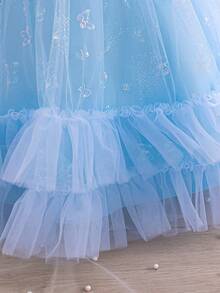 H HIBOBI Baby Girl Asymmetric Sleeve Butterfly Print Tulle Party Dress, Birthday Outfit - Blue - View 4