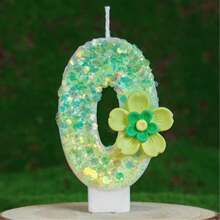 绿色花卉星光闪亮数字蜡烛，生日派对房间装饰，生日礼物，周年庆典手工制作，婚礼 - 綠色 - 查看 4