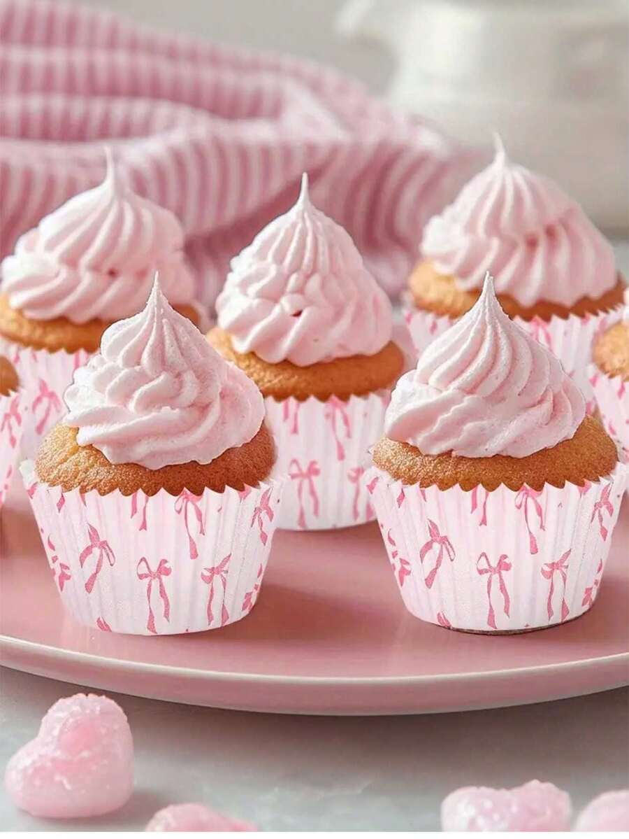 50 piezas, Tazas de papel resistentes al aceite con mariposas rosas, adecuadas para cápsulas desechables de magdalenas en cumpleaños, embalaje Maffei para bodas y fiestas, suministros para bodas y cumpleaños, decoraciones para el hogar y fiestas - Rosa - Ver 1