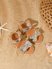 Girls' White Fashionable Sandals, Toddler Dress Shoes With Bow Tie, Versatile Open Toe Princess Shoes For Outdoor & Beach, Spring/Summer - Gold - View 2