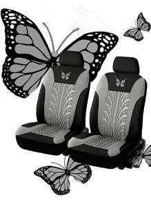 1 set accessoires d'intérieur de voiture pour femmes : housses de siège avant motif papillon mignon, couvre volant/frein à main/pommeau de vitesse en peluche, décoration suspendue de rétroviseur en peluche et strass, 1 paire de porte-gobelets en silicone, accessoires d'intérieur de voiture roses