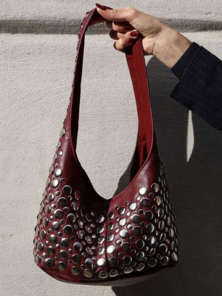 1pc Women's Punk Style Shoulder Bag + Fashion Handbag + Rivet Embellished + Durable PU + Magnetic Closure + Suitable For Daily Use, Commute And Party