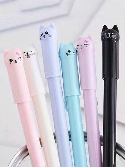 8支/套 可爱小猫主题中性笔，创意卡通猫咪摇尾巴设计，黑/蓝墨水，圆珠笔，签名笔，文具，返校季，节日礼物