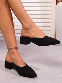 Mulas de tacón alto para mujer con punta puntiaguda y slip-on, pantuflas de tacón bajo para exterior, tallas grandes