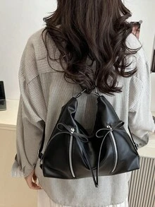 蝴蝶结装饰女士手提包，时尚韩版休闲大容量单肩包，适合旅行、散步、购物 - 黑色 - 查看 7