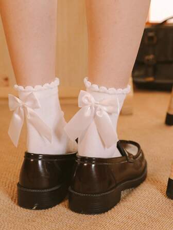 1pair: Bowknot Japanese-Style Women's Socks, Jk Style, Korean Middle Tube, Lolita & Sweet Girls, Lace Trim, White, Fall