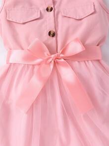 Váy lưới cổ bẻ không tay màu trơn cho bé gái kèm thắt lưng - Hồng - Xem 4