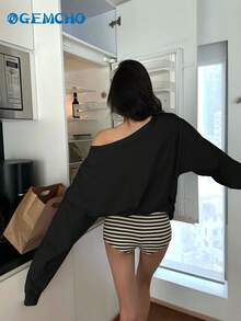 GEMCHO Women's Simple Print Open Shoulder Long Sleeve Slouchy Sweatshirt,Long Sleeve Tops Spring And Summer - Black - View 2