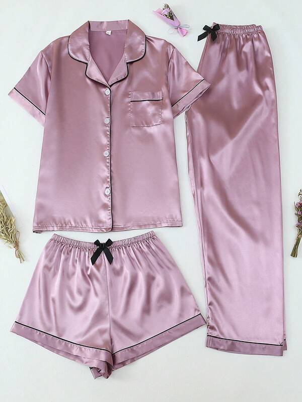 3 pièces Ensemble Pyjama Satin pour Femmes, Incluant Chemise de Couleur Unie avec Col Châle, Boutonné à Manches Courtes, et Short/Pantalon Long, Convient pour le Vêtement d'Intérieur, Printemps et Été