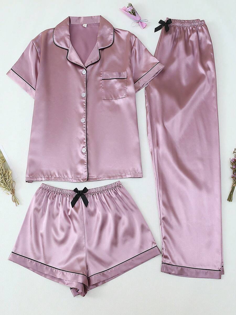 [Elegant Fields]3pcs Set Satin Pajamas For Women, Including Solid Color Shirt With Lapel Collar, Short Sleeve Button Down, And Short/Long Pants, Suitable For Home Wear, Spring & Summer - Lilac Purple - View 1
