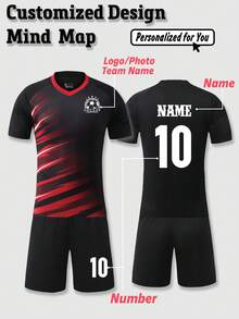 2pcs/Set Personalized Men's Football Jersey Set - Customizable Name, Number & Photo Print Short Sleeve T-Shirt + Shorts Sports Suit, Spring/Summer - Black - View 1
