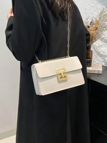 1 Stück Damen Mode minimalistischer quadratischer PU Umhängetasche, vielseitige kleine Messenger Tasche, Kettengurt - Weiss - Übersicht 6