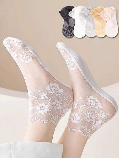 Lolita Style Women's Invisible Lace Socks, Women's Lace Boat Socks, Hollow Anti-Slip Low Vamp Transparent Socks, Women's Christmas Gift