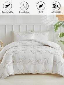 2/3 件卡其色蝴蝶结纹理图案涤纶羽绒被套，波西米亚风现代床上用品套装，特大号，适合所有季节（1 件羽绒被套 + 1/2 件枕套） - 卡其色 - 查看 2