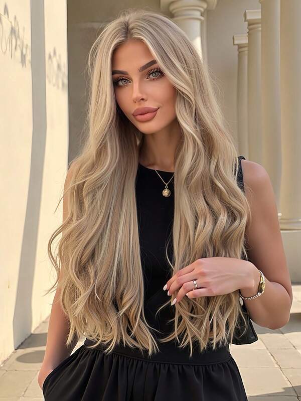 13x3.5 高清蕾丝假发 挑染棕色合成蕾丝前假发 预拔发际线 无胶 佩戴即用 26 英寸长波浪蕾丝前假发 女士