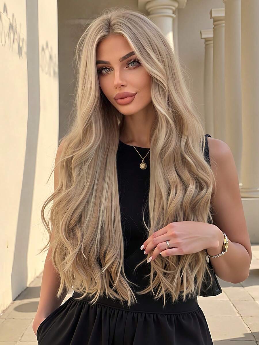 13x3.5 高清蕾丝假发 挑染棕色合成蕾丝前假发 预拔发际线 无胶 佩戴即用 26 英寸长波浪蕾丝前假发 女士 - 彩色 - 查看 1