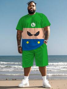 Plus Size Men 2 Pieces Contrast Color Print T-Shirt And Shorts Set