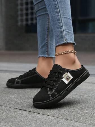 Women's Solid Canvas Slippers, Platform Round Toe All-Match Lace Up Breathable Slip On Shoes, Women's Footwear