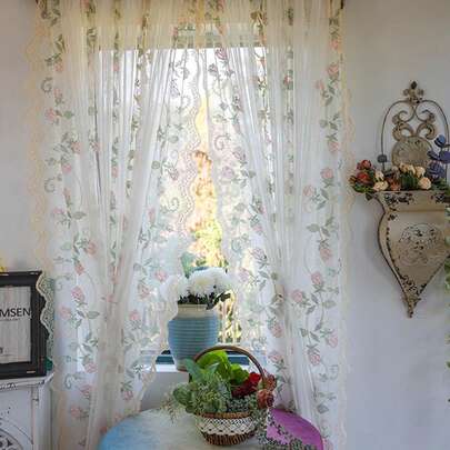 1 tấm rèm mỏng thêu phong cách đồng quê Pháp, không cần khoan lỗ, dùng cho ban công, phòng ngủ, phù hợp cho nhiều dịp