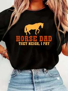 Horse Dad They Neigh I Pay Horse Riding Dad T-Shirt Print T-Shirt Casual Crew Neck Short Sleeve Comfort Tee Top For Spring & Summer Women's Clothing - Black - View 1