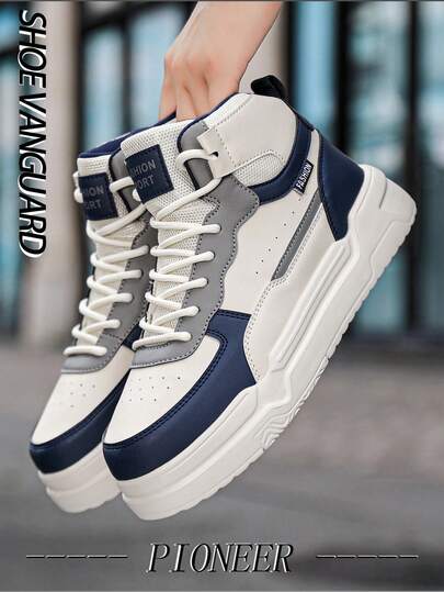 男士时尚皮革和网眼拼接情侣休闲运动鞋，百搭舒适高帮滑板鞋，男女通用户外休闲运动服