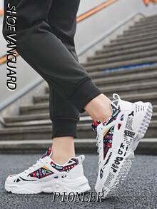 (Kích thước nhỏ hơn) Giày thể thao nam họa tiết graffiti màu tương phản, giày thể thao nam dáng rộng thoải mái, phù hợp cho cả ngày và đêm, giày thể thao đôi đa năng - Trắng và vàng - Xem 8