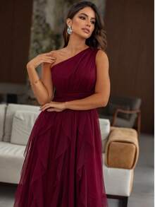 One-Shoulder Layered Bridesmaid Prom Dress - Redwood - View 3