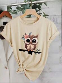 Women's Owl T-Shirt, Premium Cotton Mesh Blouse, Basic Round Neck - Beige - View 1