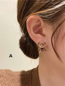 1 对/2 对女士可爱熊和兔子耳钉，植绒简约泰迪熊和兔子耳环（卡片随机发货） - 彩色 - 查看 5