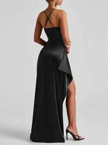 Vestido de satén con pliegues elegante para mujer WOWDARK con abertura lateral, de moda y encantador para Navidad y otoño