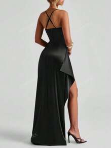 WOWDARK Women's Autumn Ruched Split Satin Formal Dress, Party Dress, Gown, For Evening, Wedding Guest