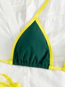 Spring Break Women's Color Blocking Sexy Halter Bikini Beach Vacation 2 Pieces Swimwear Set - Dark Green - View 5