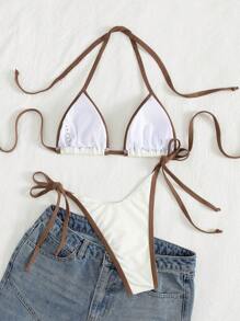 Women's Vacation Contrast Color Sexy Halter Wrap Bikini Swimsuit 2pcs Set